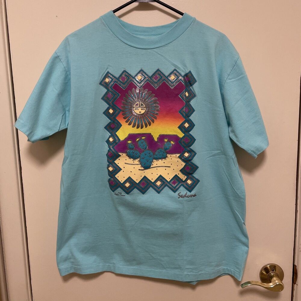 Vintage Sedona Arizona Single Stitch T Shirt Adult XL Blue Cactus Kachina Colors